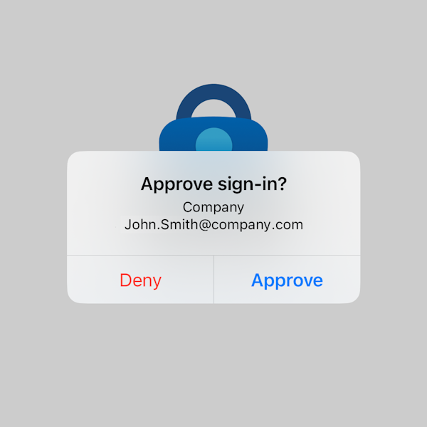Microsoft Authenticator push notification showing approval request for John.Smith@company.com